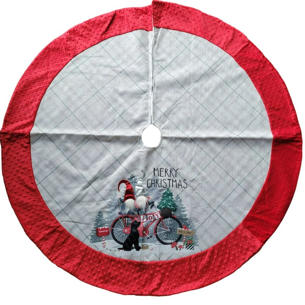 Merry Christmas Tree Skirt Joy Gnome Riding Bike Black Dog Holiday North Pole 48